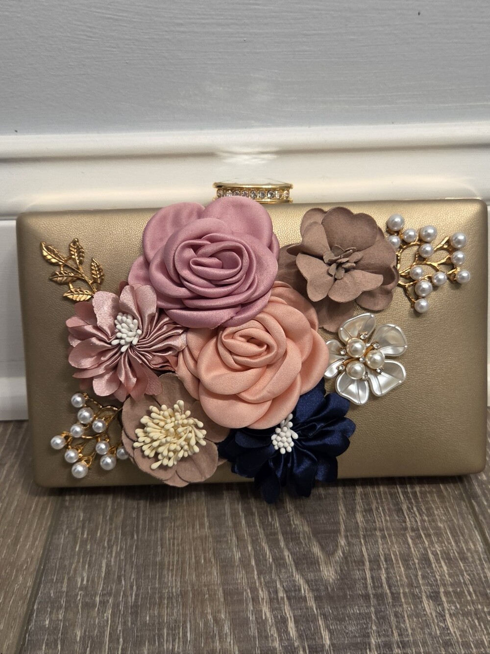 Gold Floral Clutch With Removable Strap